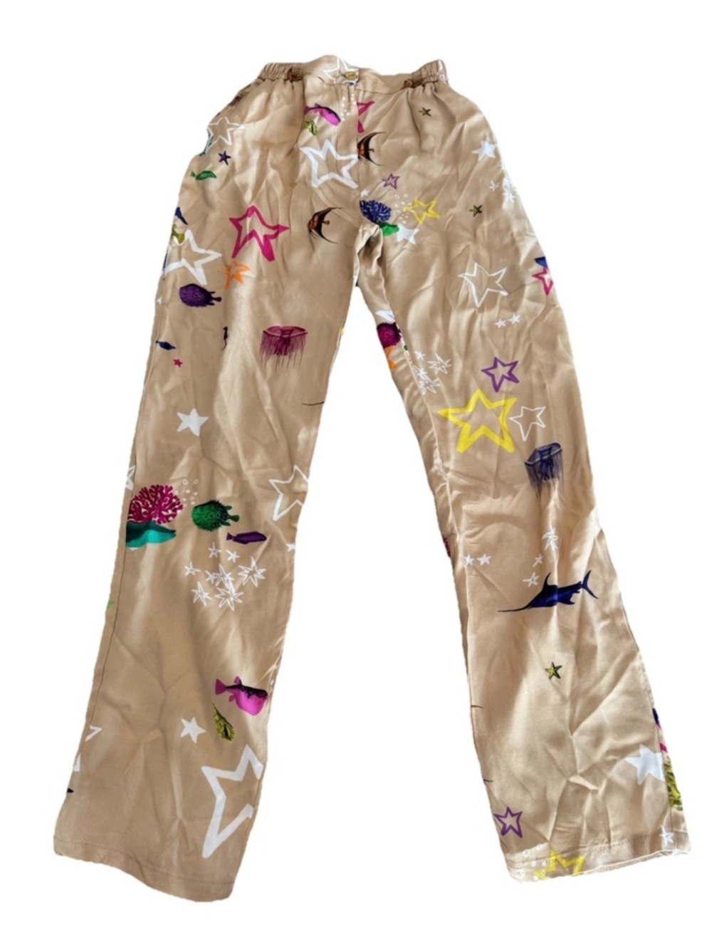 Vilagallo Beige Straight Leg Pants with Multicolor Star & Sea Print